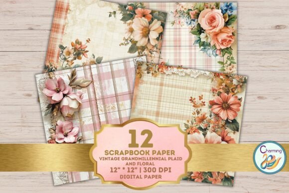 Digital Paper: Shabby Chic Plaid Floral Design Assets