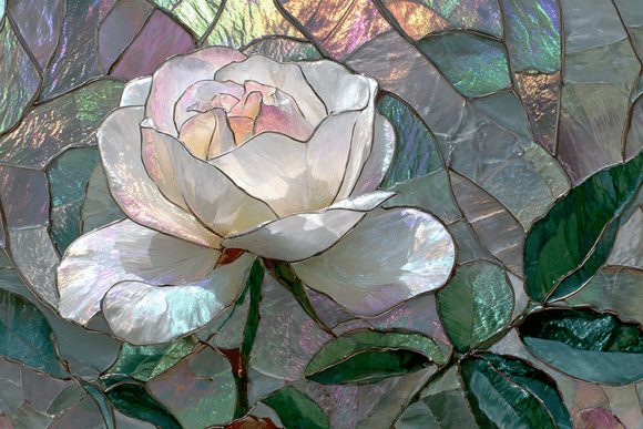 Iridescent White Rose Stained Glass: A Luminous Digital Masterpiece
