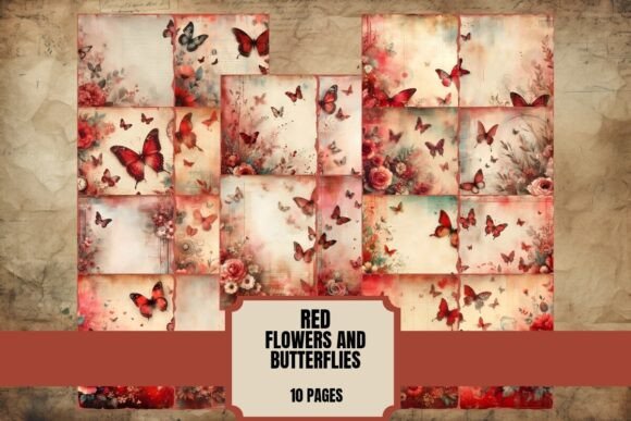Red Flowers & Butterflies Junk Journal: Creative Base Pages