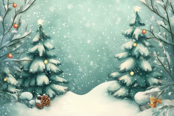 Snowy Christmas Scene with Decorated Trees: A Serene Winter Asset